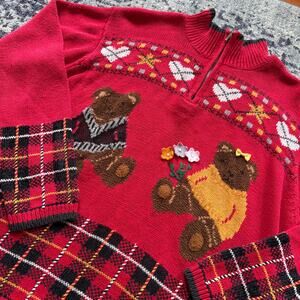 Vintage Karen Scott Red Grandmacore Knit Bear Graphic 3/4 Sleeve 1/4 Zip- Medium